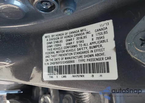 2014 Honda Civic Lx из США, поврежденный, VIN 2HGFB2F51EH500966